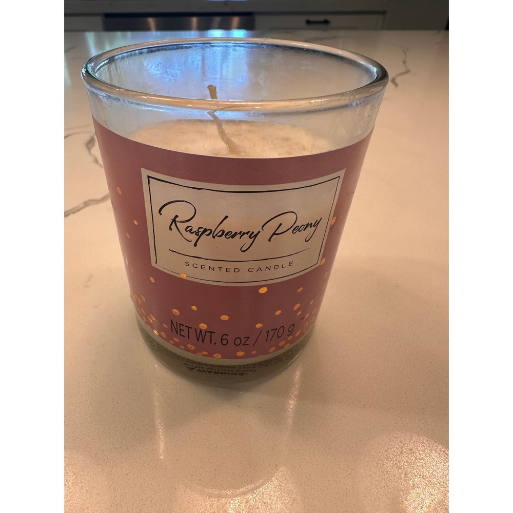 J.C. Penney Raspberry Peony Scented Candle 6 oz Pink Gold Polka Dot Glass Jar